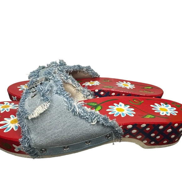 RARE Dr. Scholl’s Handpainted Mallys Denim Wooden Sole Slip-in Sandals - Picture 2 of 8